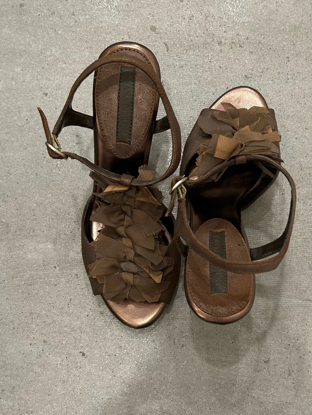 Banana Republic Bronze Satin Strappy High Heels with Ruffle Bow Detail
